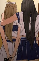  2girls aged_up arm_around_shoulder arms_behind_back black_collar black_hair blue_skirt brown_hair cable cbb_(tuucoo) collar controller crop_top cropped_shirt haerin_(newjeans) hair_behind_ear highres holding holding_controller k-pop midriff_peek minji_(newjeans) multiple_girls newjeans pleated_skirt real_life shirt skirt white_shirt white_skirt 