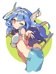  amelia_(world_flipper) bare_shoulders blue_hair blush blush_stickers bracelet breasts bubble closed_mouth cowboy_shot female fins from_side gem hand_up happy head_fins highres jewelry korean_commentary leaning_forward light_blush long_hair looking_at_viewer medium_breasts mermaid monster_girl navel one_eye_closed orange_eyes revealing_clothes shiny_skin sidelocks simple_background smile solo stomach tiara two-tone_background white_background world_flipper yotte 