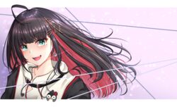  absurdres ahoge black_hair blush colored_inner_hair commentary_request earrings female green_eyes hair_ornament hibika highres hizuki_yui jewelry letterboxed long_hair looking_at_viewer mole mole_under_eye multicolored_hair neo-porte open_mouth solo two-tone_hair upper_body virtual_youtuber 