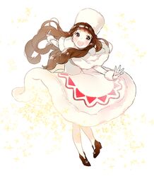  ancotaku blunt_bangs blush brown_eyes brown_hair capelet cocoa_cookie cookie_run dress female full_body gloves humanization long_hair long_sleeves looking_at_viewer no_socks open_mouth outstretched_arms pantyhose smile solo sparkle 