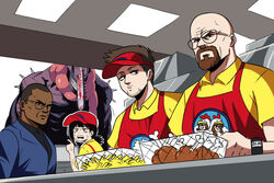  3boys beard black_hair blood breaking_bad brown_facial_hair chainsaw_devil chainsaw_man chicken_(food) crossover dark-skinned_male dark_skin employee_uniform facial_hair fast_food fast_food_uniform female food french_fries glasses gustavo_fring higashiyama_kobeni highres intestine_clothing intestines jesse_pinkman los_pollos_hermanos multiple_boys tina_fate uniform walter_white 