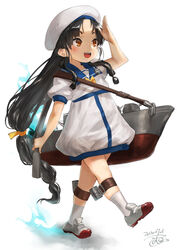  :d black_hair blush brown_eyes commentary_request cosplay dated dress female full_body hat kaiboukan_no._4_(kancolle) kaiboukan_no._4_(kancolle)_(cosplay) kantai_collection long_hair low-tied_long_hair machinery nisshin_(kancolle) open_mouth photoshop_(medium) sailor_dress sailor_hat short_sleeves signature smile solo toka_(marchlizard) very_long_hair white_background white_dress white_hat 