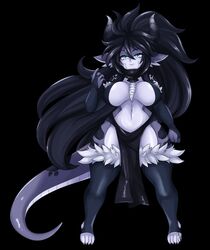  2019 animal_humanoid armwear big_breasts black_body black_hair black_scales blue_eyes bottomwear breasts clothed clothing dragon dragon_humanoid female grey_body grey_scales hair hi_res horn humanoid jojobee legwear loincloth long_ears long_hair long_tail mythological_creature mythological_scalie mythology ruuji_niravi scales scalie scarf short_stack solo stirrup_stockings tail thigh_highs white_body white_scales wide_hips 