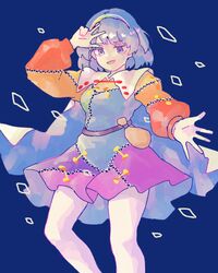  blue_background blue_eyes blue_hair cape female hairband highres long_sleeves multicolored_clothes multicolored_headwear patchwork_clothes rainbow_gradient short_hair skirt solo tenkyuu_chimata touhou wasabisuke white_cape zipper 