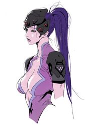  aespa bodysuit breasts cbb_(tuucoo) center_opening cosplay earrings female from_side frown grey_eyes hair_behind_ear headgear highres jewelry k-pop karina_(aespa) large_breasts long_hair looking_ahead mole mole_under_mouth overwatch photo-referenced ponytail purple_bodysuit purple_hair real_life simple_background solo upper_body white_background widowmaker_(overwatch) widowmaker_(overwatch)_(cosplay) 