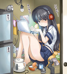  barefoot black_eyes black_hair book bowl calendar_(object) chopsticks closet clothes_hanger commentary_request computer cup electric_kettle female hatsuyuki_(kancolle) headphones hikikomori hime_cut jack_(slaintheva) kantai_collection kettle laptop legs light_bulb miniskirt mug partially_translated piss_bottle pleated_skirt school_uniform serafuku skirt solo tissue_box toes translation_request unworn_socks 