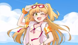  ;d bad_id bad_twitter_id bikini blonde_hair blush bracelet breasts cloud collarbone commentary day earrings eyewear_on_head female green_eyes heart highres idolmaster idolmaster_cinderella_girls inactive_account jacket jewelry jougasaki_rika long_hair looking_at_viewer navel oerba_yun_fang one_eye_closed open_clothes open_jacket open_mouth open_shorts orange_scrunchie scrunchie shorts sky small_breasts smile solo star_(symbol) star_earrings sunglasses swimsuit two_side_up upper_body white_shorts wrist_scrunchie yeun 