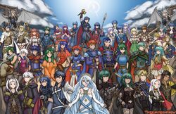  6+boys 6+girls absurdres alfonse_(fire_emblem) alm_(fire_emblem) aoi_itsuki armor azura_(fire_emblem) blue_hair blue_sky byleth_(female)_(fire_emblem) byleth_(fire_emblem) byleth_(male)_(fire_emblem) caeda_(fire_emblem) cape celica_(fire_emblem) chrom_(fire_emblem) claude_von_riegan commentary corrin_(female)_(fire_emblem) corrin_(fire_emblem) corrin_(male)_(fire_emblem) deirdre_(fire_emblem) dimitri_alexandre_blaiddyd dress durandal_(fire_emblem) edelgard_von_hresvelg eirika_(fire_emblem) elincia_ridell_crimea eliwood_(fire_emblem) ephraim_(fire_emblem) everyone falchion_(fire_emblem) fire_emblem fire_emblem:_genealogy_of_the_holy_war fire_emblem:_mystery_of_the_emblem fire_emblem:_new_mystery_of_the_emblem fire_emblem:_path_of_radiance fire_emblem:_radiant_dawn fire_emblem:_the_binding_blade fire_emblem:_the_blazing_blade fire_emblem:_the_sacred_stones fire_emblem:_thracia_776 fire_emblem:_three_houses fire_emblem_awakening fire_emblem_echoes:_shadows_of_valentia fire_emblem_fates fire_emblem_heroes fire_emblem_warriors grey_hair halberd hector_(fire_emblem) highres ike_(fire_emblem) julia_(fire_emblem) katarina_(fire_emblem) kimerson kris_(fire_emblem) leif_(fire_emblem) lens_flare lianna_(fire_emblem) lilina_(fire_emblem) looking_at_viewer lucina_(fire_emblem) lyn_(fire_emblem) marth_(fire_emblem) micaiah_(fire_emblem) multiple_boys multiple_girls nanna_(fire_emblem) oribe_tsubasa polearm purple_hair robin_(female)_(fire_emblem) robin_(fire_emblem) robin_(male)_(fire_emblem) roy_(fire_emblem) scale_armor scarf seliph_(fire_emblem) sharena_(fire_emblem) sigurd_(fire_emblem) sky sothe_(fire_emblem) spear sword tokyo_mirage_sessions_fe weapon zion_(fire_emblem) 