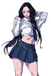  aespa arm_behind_head black_hair black_skirt blue_eyes bra breasts cbb_(tuucoo) collared_shirt crop_top cropped_shirt female floating_hair forehead green_necktie highres k-pop karina_(aespa) long_hair looking_to_the_side medium_breasts midriff mole mole_under_mouth navel necktie parted_lips pleated_skirt real_life shirt simple_background skirt solo underwear very_long_hair white_background white_bra white_shirt 