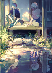  2boys aged_down boku_no_hero_academia brother_and_sister closed_eyes collared_shirt cup different_reflection earrings female glasses grass holding holding_hands holding_teapot jacket jewelry looking_at_another looking_to_the_side mebaru multicolored_hair multiple_boys pants pillar pink_sweater plant pond red_hair reflection reflective_water shirt siblings sitting socks sweater teacup teapot todoroki_fuyumi todoroki_natsuo todoroki_shouto tray vegetation veranda white_shirt wooden_floor 