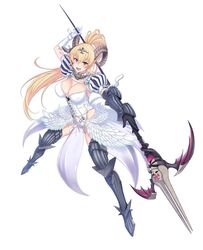  :d angel_wings arm_up armor armored_boots asymmetrical_gloves black_background black_gloves blonde_hair boots breasts bustier circlet cleavage commentary_request demon_girl demon_horns detached_sleeves dress feathered_wings female full_body gloves greaves high_ponytail highres holding holding_weapon horns large_breasts legs_apart long_hair looking_at_viewer low_wings lucifer_(the_seven_deadly_sins) mismatched_gloves official_art open_mouth outstretched_arm pelvic_curtain pointy_ears polearm puff_and_slash_sleeves puffy_short_sleeves puffy_sleeves red_eyes sheep_horns short_sleeves simple_background smile solo spear the_seven_deadly_sins thigh_boots thighhighs ulrich_(tagaragakuin) v-shaped_eyebrows vambraces very_long_hair weapon white_dress white_gloves wings 