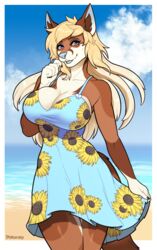  2019 alpha_channel anthro beach big_breasts blonde_hair blue_eyes breasts brown_body brown_fur canid canine cleavage clothed clothing cloud digital_media_(artwork) dress female fur hair hi_res long_hair looking_at_viewer mammal open_mouth outside pinup porin pose ryoko_(earthymuffin) seaside shaded smile solo standing sundress 