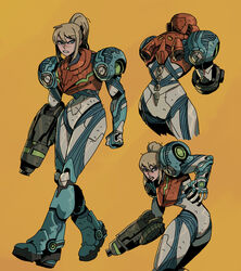  arm_cannon armor ass blonde_hair blue_eyes commentary_request duplicate english_commentary female full_body glowing gun highres ho-uja korean_commentary long_hair looking_at_viewer metroid metroid_dread mixed-language_commentary mole mole_under_mouth multiple_views pixel-perfect_duplicate ponytail power_armor power_suit power_suit_(metroid) samus_aran science_fiction sidelocks simple_background upper_body weapon 