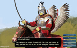  accipitrid accipitriform anthro armor avian bird breastplate bridle civilization_(series) eagle english_text equid equine european_mythology feathered_wings feathers felix_radziwill_(kinrovaldis) gameplay_mechanics greek_mythology headgear helmet horseback horseman male mammal melee_weapon misterfyrryman mount mythological_avian mythological_bird mythological_creature mythological_firebird mythology phoenix poland reins riding sabre_(weapon) saddle sid_meier&#039;s_civilization simple_background solo text video_game_reference weapon white_body white_feathers winged_hussar wings 