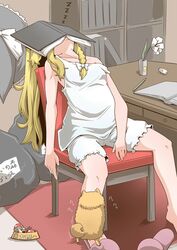  barefoot bloomers book book_on_head female hat kirisame_marisa messy messy_room object_on_head sleeping sleeping_upright tank_top touhou underwear witch_hat yagokoro zannen_na_hito 