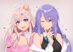  2girls absurdres beige_background blonde_hair breasts cleavage cleavage_cutout clothing_cutout colored_inner_hair crown_hair_ornament fingerless_gloves flower gloves gradient_hair hair_between_eyes hair_bun hair_flower hair_ornament highres hololive hololive_indonesia indie_virtual_youtuber jacket lazycoffee_(wyen_iscordo) lyrica_(vtuber) medium_breasts moona_hoshinova moona_hoshinova_(1st_costume) multicolored_hair multiple_girls off_shoulder one_eye_closed open_mouth pink_gloves pink_hair purple_eyes purple_hair purple_jacket single_hair_bun smile star_(symbol) starry_hair upper_body virtual_youtuber 