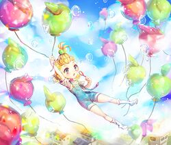  ahoge apple_cookie balloon bangs_pinned_back blonde_hair blowing_bubbles blue_eyes blush breasts bubble commentary cookie_run female humanization short_hair sky solo soriya 