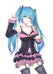  absurdres ahoge aqua_hair bare_shoulders black_bra black_jacket black_skirt black_thighhighs blue_eyes bra breasts butterfly_hair_ornament chinese_commentary cleavage commentary_request cowboy_shot female garter_straps hair_between_eyes hair_ornament hand_up hatsune_miku head_tilt highres honey_whip_(module) jacket long_hair long_sleeves looking_at_viewer mixed-language_commentary navel nayuko_(wuyou_nayuko) off-shoulder_jacket off_shoulder official_alternate_costume simple_background skirt smile solo standing thighhighs twintails underwear vocaloid white_background 