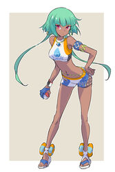  absurdres armlet bikini breasts commentary cosplay crop_top dark-skinned_female dark_skin earrings emerald_sustrai female gloves green_hair highres hoop_earrings iesupa jewelry long_hair looking_at_viewer medium_breasts navel necklace nessa_(pokemon) nessa_(pokemon)_(cosplay) pokemon pokemon_swsh red_eyes rwby short_hair short_hair_with_long_locks shorts single_glove solo sportswear swimsuit tankini 