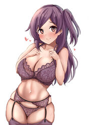  blush bra breasts brown_eyes closed_mouth collarbone commentary_request female hagikaze_(kancolle) hands_on_own_chest heart highres kantai_collection large_breasts lingerie long_hair looking_at_viewer navel one_side_up paid_reward_available panties parted_bangs purple_bra purple_garter_belt purple_hair purple_panties purple_thighhighs sakura_ab skindentation smile solo thighhighs underwear white_background 