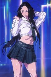  aespa arm_behind_head black_hair black_skirt blue_eyes bra breasts cbb_(tuucoo) collared_shirt crop_top cropped_shirt female floating_hair forehead green_necktie highres k-pop karina_(aespa) long_hair looking_to_the_side medium_breasts midriff mole mole_under_mouth navel necktie parted_lips pleated_skirt real_life shirt skirt solo underwear very_long_hair white_bra white_shirt 