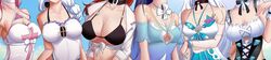  6+girls absurdres arm_across_waist bikini black_bikini braid breasts choker cleavage collarbone commentary_request contrapposto detached_collar dress frills hair_over_shoulder hand_up head_out_of_frame highres honkai_(series) honkai_impact_3rd kallen_kaslana kiana_kaslana kiana_kaslana_(herrscher_of_the_void) large_breasts long_hair maid maid_one-piece_swimsuit medium_breasts mole mole_on_breast multiple_girls murata_himeko nurse one-piece_swimsuit pink_hair ponytail purple_hair raiden_mei raiden_mei_(lightning_empress) red_hair rita_rossweisse rita_rossweisse_(phantom_iron) shiny_skin shirt sidelocks signature single_braid sleeve_cuffs sleeveless sleeveless_dress swimsuit tied_shirt unconventional_maid very_long_hair white_hair white_shirt wide_image wrist_cuffs yae_sakura yae_sakura_(gyakushinn_miko) zhuchengyuanjianzhen 