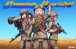  3girls ak-74 akm aks-74u assault_rifle black_hair blonde_hair blue_ribbon blue_sky brown_eyes brown_hair bulletproof_vest camouflage camouflage_jacket camouflage_pants cigarette combat_helmet commentary day dragoncastle dragunov_svd fgm-148_javelin flipped_hair freedom_of_russia_legion gloves green_eyes gun helmet highres holding holding_gun holding_rocket_launcher holding_weapon jacket kalashnikov_rifle magazine_(weapon) md5_mismatch military multiple_girls original outdoors pants patch purple_eyes ribbon rifle rocket_launcher russian_anti-war_flag russo-ukrainian_war scope short_hair shoulder_patch sky sniper_rifle soldier translated ukrainian_flag ukrainian_text weapon 