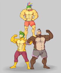  2016 5_fingers 5_toes abs anthro barefoot beard biceps blue_eyes bottomwear brown_body brown_skin bulge clothing facial_hair feet fingers flexing green_body green_hair green_skin group hair hairy iggy_koopa koopa koopaling lemmy_koopa male mario_bros morton_koopa_jr. multicolored_body multicolored_hair multicolored_skin muscular muscular_male nintendo nipples pecs piercing pose scalie shorts smile toes tongue underwear white_body white_skin wkd yellow_body yellow_skin 