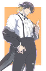  1boy alternate_costume applemac black_hair blonde_hair facial_hair formal highres jacket large_pectorals male_focus multicolored_hair muscular muscular_male nagasone_kotetsu open_clothes open_jacket pectorals pulling_own_clothes short_hair smile solo streaked_hair stubble suit suspenders touken_ranbu yellow_eyes 