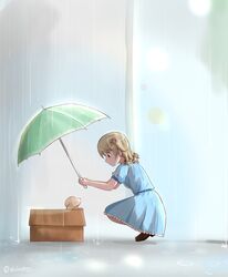  blonde_hair blue_dress box canine cardboard_box commentary_request dress female hair_ornament highres holding holding_umbrella idolmaster idolmaster_cinderella_girls idolmaster_cinderella_girls_starlight_stage morikubo_nono rain shikamax2 squatting umbrella 