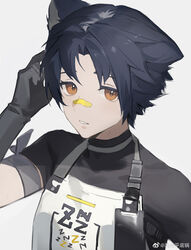  1boy animal_ears apron arknights armband bandaid bandaid_on_face bandaid_on_nose bishounen black_gloves black_hair black_shirt brown_eyes dog_boy dog_ears gloves hand_up highres male_focus pingdiguo shirt short_hair simple_background solo upper_body white_apron white_background windflit_(arknights) 