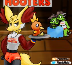  absurd_res anthro atomicmeta avian breasts bulge canid canine clothed clothing delphox distracted distracted_boyfriend female femboy femboy_hooters generation_3_pokemon generation_6_pokemon group hi_res hooters hooters_uniform lgbt_pride looking_at_viewer male male_focus mammal meme midriff neon_the_dragon nintendo niona_the_dragoness pokemon pokemon_(species) pride_colors redwin_blazeson sibling_(lore) six-stripe_rainbow_pride_colors solo_focus spotlight stare tight_clothing torchic tray twins_(lore) 