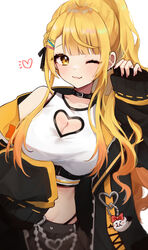  ;3 absurdres ahoge black_collar black_jacket black_panties black_skirt blonde_hair braid breasts chest_belt cleavage cleavage_cutout clothing_cutout collar crop_top ear_piercing female groin hair_ornament hair_ribbon hairclip heart_cutout high_ponytail highleg highleg_panties highres hololive jacket long_hair looking_at_viewer mashiro_io midriff oerba_yun_fang official_alternate_costume official_alternate_hair_length official_alternate_hairstyle one_eye_closed open_clothes open_jacket panties panty_straps piercing ponytail ribbon side_braid sidelocks simple_background single_bare_shoulder skin_fang skirt solo streetwear swept_bangs tank_top underbust underwear very_long_hair virtual_youtuber white_background white_tank_top wide_ponytail yellow_eyes yozora_mel yozora_mel_(streetwear) 