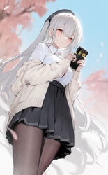  absurdres azur_lane black_skirt blue_sky blurry blurry_background breasts cardigan character_print cherry_blossoms closed_mouth collared_shirt commentary_request dress_shirt female fine_fabric_emphasis from_below hagi_(ame_hagi) hands_up heart heart_print high-waist_skirt highres holding holding_phone large_breasts legs_together long_hair long_sleeves manjuu_(azur_lane) miniskirt official_alternate_costume official_art open_cardigan open_clothes outdoors pantyhose partially_unbuttoned phone pleated_skirt red_eyes scylla_(azur_lane) scylla_(femme_fatale_fresher)_(azur_lane) shirt shirt_tucked_in skirt sky smartphone_case solo standing symbol-shaped_pupils tree very_long_hair white_hair white_shirt 