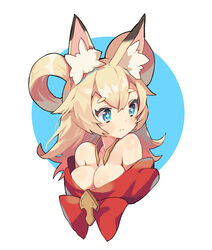  +_+ animal_ear_fluff animal_ears bare_shoulders blonde_hair blue_eyes blush blush_stickers breasts cleavage closed_mouth female fox_ears fox_girl hair_rings inaho_(world_flipper) jewelry korean_commentary long_hair looking_to_the_side medium_breasts necklace no_bra off_shoulder shiny_skin sidelocks simple_background solo two-tone_background upper_body white_background world_flipper yotte 