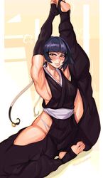  1girls angry armpits arms_up artist_name bangs barefoot black_hair bleach blunt_bangs blush breasts cashumeru clothing eyebrows_visible_through_hair feet female female_only flexible fully_clothed gloves groin hip_vent japanese_clothes leg_up legs_up long_hair looking_at_viewer muscles muscular muscular_female nail_polish nose_blush one_leg_up parted_lips short_hair sideboob signature simple_background sitting sleeveless small_breasts soifon solo spread_legs stirrup_legwear stretching tagme thick_thighs thighs thong_straps toeless_legwear toes 