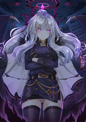  armband black_gloves black_jacket black_skirt black_thighhighs black_wings blue_archive blue_jacket breasts closed_mouth cloud commentary_request crossed_arms female fur-trimmed_jacket fur_trim gloves glowing glowing_eyes hair_ornament hairclip halo highres hina_(blue_archive) horns jacket jacket_on_shoulders long_hair long_sleeves looking_at_viewer medium_breasts multiple_horns night night_sky outdoors panties parted_bangs partial_commentary pencil_skirt pink_eyes skirt sky solo star_(sky) starry_sky synn032 thighhighs underwear white_hair white_panties wings 