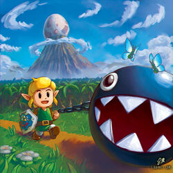  1boy blonde_hair blue_eyes bow_wow_(zelda) brown_footwear bug butterfly chain_chomp chain_leash chains cloud commentary day egg english_commentary field flower green_shirt hat holding hylian_shield leash likovacs link long_sleeves male_focus medium_hair mountain open_mouth outdoors pointy_ears sharp_teeth shield shirt sky smile teeth the_legend_of_zelda the_legend_of_zelda:_link&#039;s_awakening tunic walking watermark web_address windfish&#039;s_egg 