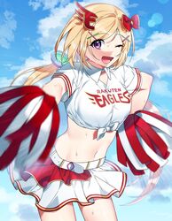  ;d aki_rosenthal baseball_jersey blonde_hair blue_sky bob_cut bow breasts cheerleader detached_hair female hair_ornament hairbow hairclip highres hololive jersey large_breasts long_hair low_twintails midriff miniskirt navel nongttaeng one_eye_closed open_mouth parted_bangs pleated_skirt pom_pom_(cheerleading) purple_eyes shirt skirt sky smile solo sweat tied_shirt twintails virtual_youtuber white_skirt x_hair_ornament 