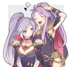  2girls :d ^_^ arm_up armpits aunt_and_niece border breasts cape choker cleavage closed_eyes collarbone commentary cross cross_choker dress fire_emblem fire_emblem:_genealogy_of_the_holy_war fire_emblem_heroes grey_hair haconeri ishtar_(fire_emblem) jewelry large_breasts lightning_bolt_symbol long_hair looking_at_another multiple_girls official_alternate_costume open_mouth ponytail purple_dress purple_eyes purple_hair shoulder_pads side_slit sleeveless sleeveless_dress smile tailtiu_(fire_emblem) tailtiu_(resplendent)_(fire_emblem) white_border 