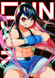  abs bandage_on_face bandages black_background black_hair black_tank_top blue_gloves blue_shorts boxing_gloves brown_eyes clenched_hands closed_mouth collarbone colored_inner_hair commentary_request english_text eyelashes female gloves highres izumo_fuuko long_hair midriff multicolored_hair muscular muscular_female napoli-tan_(deuil) shorts smile solo tank_top undead_unluck 