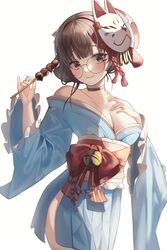  bare_shoulders bell black_choker black_survival blue_kimono blush bow breasts brown_hair choker cleavage closed_mouth cowboy_shot dango eternal_return:_black_survival female food fox_mask glasses gyogyog hair_ornament hand_on_own_chest hands_up highres holding japanese_clothes jingle_bell kimono large_breasts long_sleeves looking_at_viewer low_neckline mask mask_on_head obi off_shoulder official_alternate_costume red_bow red_eyes round_eyewear sash short_hair short_kimono side_slit simple_background smile solo standing suzuki_aya tassel wagashi white_background wide_sleeves 