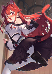  @_@ absurdres animal_ears ass bare_shoulders black_footwear black_skirt blurry blurry_background blush breasts cat_ears cat_girl cat_tail commentary_request depth_of_field eris_greyrat feet_out_of_frame female frilled_skirt frills goshichi_shoji highres indoors jacket kemonomimi_mode long_hair long_sleeves medium_breasts mushoku_tensei nose_blush open_mouth panties panties_under_pantyhose pantyhose red_eyes red_hair shoes skirt solo standing standing_on_one_leg tail underwear very_long_hair white_jacket white_pantyhose wide_sleeves 