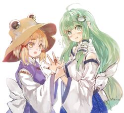  2girls ahoge back_bow bare_shoulders blonde_hair blue_skirt blush bow commentary_request detached_sleeves finger_ribbon frog_hair_ornament green_eyes green_hair hair_ornament hair_tubes hairbow hat holding_hands kochiya_sanae konabetate long_hair long_sleeves looking_at_another looking_away moriya_suwako multiple_girls open_mouth orange_eyes purple_vest red_ribbon ribbon shirt short_hair skirt snake_hair_ornament sweatdrop touhou turtleneck upper_body vest white_background white_bow white_shirt wide_sleeves 