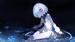  aqua_eyes aqua_hair azur_lane colored_skin dark dress female kuronoiparoma looking_at_viewer multicolored_hair official_art pale_skin partially_submerged short_hair sitting sleeveless sleeveless_dress solo streaked_hair tb_(azur_lane) water white_dress white_hair white_skin 