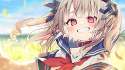  black_bow black_sailor_collar blurry blurry_background bow brown_hair collar collarbone commentary_request day depth_of_field eyebrows_hidden_by_hair female grin hairbow highres jacket long_hair looking_at_viewer makaino_ririmu makaino_ririmu_(4th_costume) multicolored_hair neckerchief nijisanji open_clothes open_jacket outdoors pink_jacket pointy_ears red_collar red_eyes red_hair red_neckerchief sailor_collar school_uniform serafuku shirt smile solo streaked_hair two_side_up upper_body usamata virtual_youtuber white_shirt 