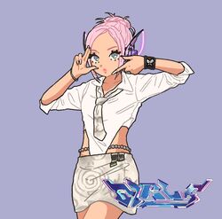  aespa animification black_wristband collared_shirt female finger_frame girls_(aespa) grey_necktie grey_skirt guriming hair_bun highres k-pop looking_at_viewer necktie ningning_(aespa) pink_hair pink_lips purple_eyes real_life robot_ears shirt single_hair_bun skirt solo song_name standing waist_cutout white_shirt 