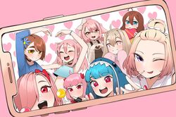  6+girls :d ahoge animal_hood arm_up bad_id bad_twitter_id blonde_hair blue_eyes blue_flower blue_hair blunt_bangs blush borrowed_character bow box bracelet brown_eyes brown_hair candy character_request commentary copyright_request english_commentary flower food grin hair_between_eyes hair_flower hair_ornament hair_over_one_eye hairbow happy_(eds) heart heart-shaped_box heart_background heart_hands highres holding holding_box hood inactive_account jewelry lollipop long_hair looking_at_viewer multiple_girls nia_(dudul) nona_(yeun) nuri_(yoon_cook) one_eye_closed open_mouth original phone photo_(object) pink_background pink_hair red_eyes shark_hood short_hair smile teeth tongue tongue_out upper_teeth_only v violett_(k-rha) white_bow yeun 