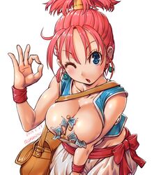  amania_orz blue_eyes breasts cleavage dragon_quest dragon_quest_iii earrings female jewelry looking_at_viewer merchant_(dq3) money ok_sign one_eye_closed open_mouth pink_hair short_hair simple_background solo white_background 