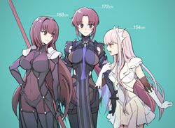  3girls arm_grab armor bazett_fraga_mcremitz bodysuit breasts covered_navel cowboy_shot fate/grand_order fate_(series) gae_bolg_(fate) hair_intakes height_difference height_mark highres holding_another&#039;s_arm kassan_(kassan_5a) large_breasts looking_at_another manannan_mac_lir_(fate) manannan_mac_lir_(second_ascension)_(fate) medb_(fate) mole multiple_girls pauldrons pink_hair polearm purple_hair red_eyes scathach_(fate) short_hair shoulder_armor smile spear tiara weapon yellow_eyes 